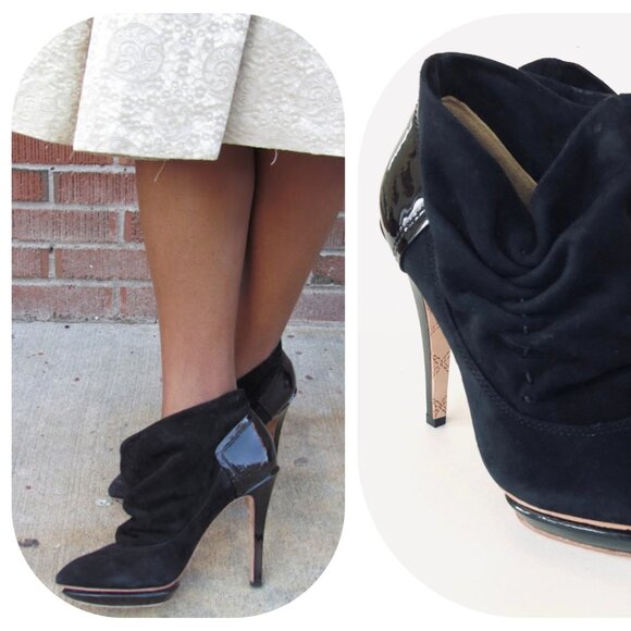 L.A.M.B. Gwen Stefani Women's 8 Boots, Slouchy Suede Ruched Ankle Platform Heels - Picture 2 of 12
